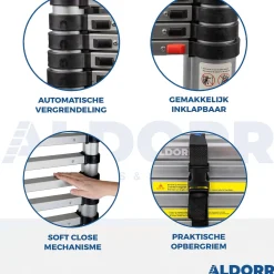 Aldorr Home - Telescoopladder 3,80M - Met Stabilisatievoet En Soft Closing|Brico New