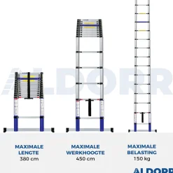 Aldorr Home - Telescoopladder 3,80M - Met Stabilisatievoet En Soft Closing|Brico New