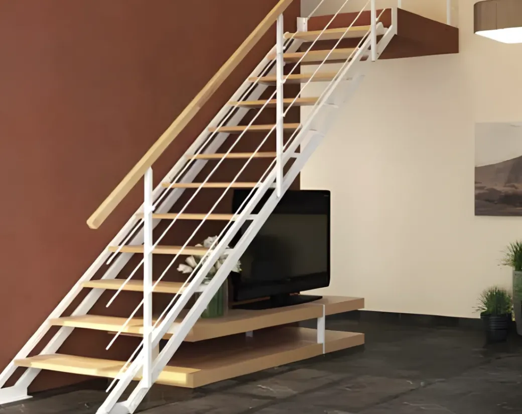 Brico Zoldertrappen-Handystairs Rechte Trap "Synth" - Trap Van Zwart Metaal Met Grenen Treden - Hoogte 856 - 1066Mm
