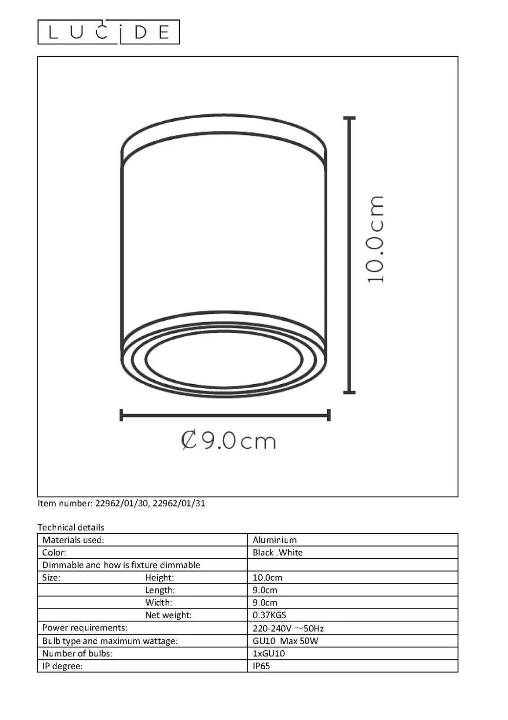 Lucide Plafondspot Aven Zwart 9Cm Gu10|Brico Best