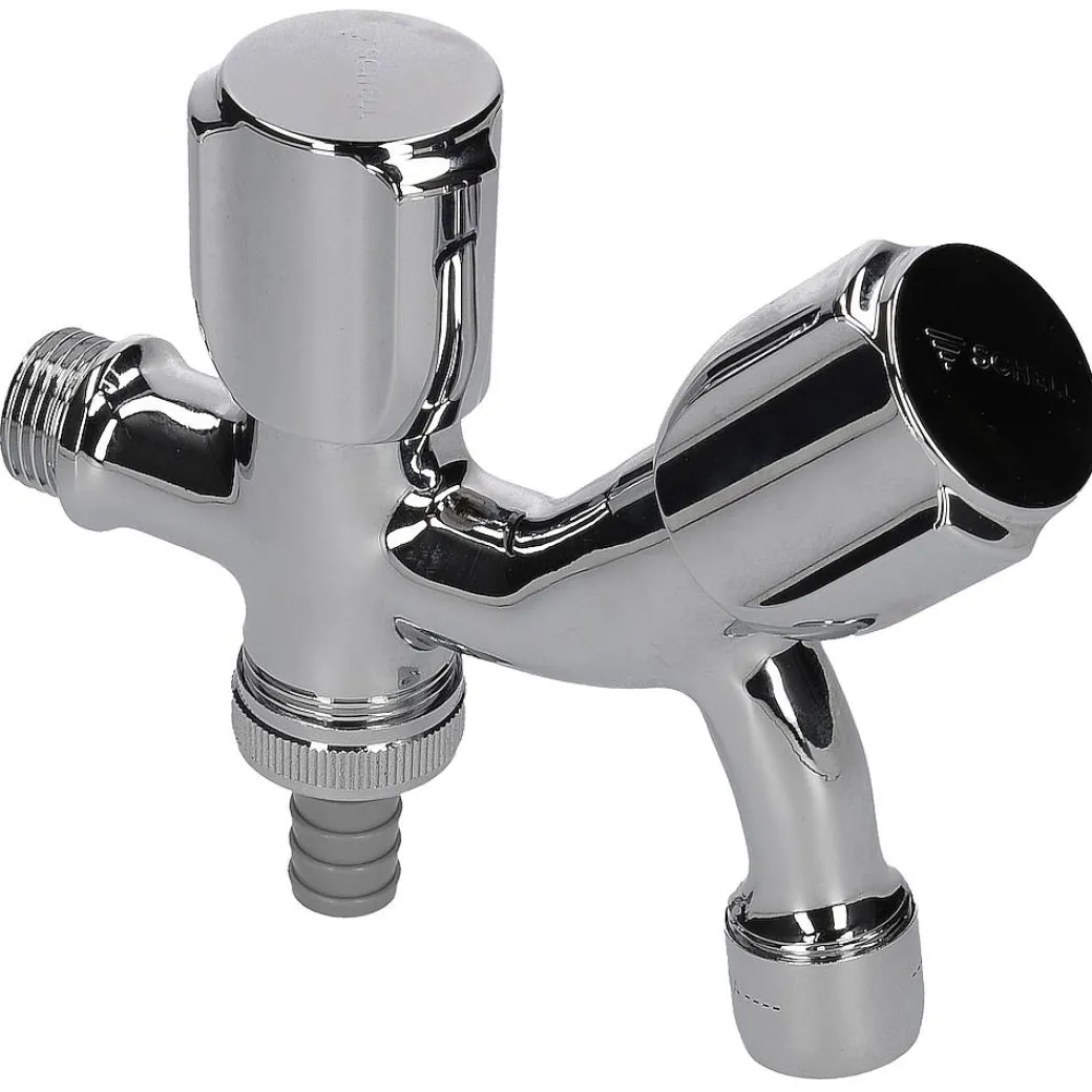 Schell Tapkraan Met Dubbele Uitloop En Slangkoppeling 1/2" Buitendraad Chroom|Brico New