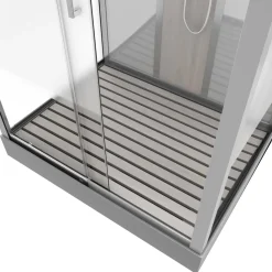 Technische Eigenschappen: 85X115X215Cm Benodigde Hoogte Voor Installatie 230Cm Metaalgrijs Gelakte Aluminium Structuur Omkeerbare Schuifdeur In 6 Mm Van Gehard Glas Achterwand Van Grijs Gehard Glas Van 5 Mm Composiet Houten Kolom Met Roestvrijstalen Plaat Voorwanden En Zijkanten Met Gematteerde Banden Versterkt Grijs Acryl Dak En Douchebak Magnetische Sluiting Siliconenvrije Montage Toebehoren: Rvs Regendouchekop Anti-Kalksteen Multi-Jet Roestvrijstalen Hydromassagepaneel Anti-Kalksteen Handdouche Pvc-Slang Met Metallic Effect Glazen Planken Verchroomd Roestvrijstalen Handvat Mechanische Mengkraan 90 Mm Afvoer Met Hoog Debiet Composiet Houten Rooster Geleverd Met Aansluitslangen|Brico