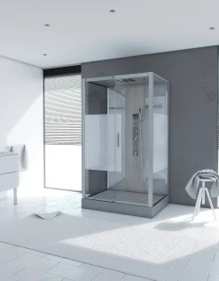Technische Eigenschappen: 85X115X215Cm Benodigde Hoogte Voor Installatie 230Cm Metaalgrijs Gelakte Aluminium Structuur Omkeerbare Schuifdeur In 6 Mm Van Gehard Glas Achterwand Van Grijs Gehard Glas Van 5 Mm Composiet Houten Kolom Met Roestvrijstalen Plaat Voorwanden En Zijkanten Met Gematteerde Banden Versterkt Grijs Acryl Dak En Douchebak Magnetische Sluiting Siliconenvrije Montage Toebehoren: Rvs Regendouchekop Anti-Kalksteen Multi-Jet Roestvrijstalen Hydromassagepaneel Anti-Kalksteen Handdouche Pvc-Slang Met Metallic Effect Glazen Planken Verchroomd Roestvrijstalen Handvat Mechanische Mengkraan 90 Mm Afvoer Met Hoog Debiet Composiet Houten Rooster Geleverd Met Aansluitslangen|Brico