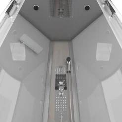 Technische Eigenschappen:85X185X215Cmbenodigde Hoogte Voor Installatie 230Cmmetaalgrijs Gelakte Aluminium Structuuromkeerbare Schuifdeur In 6 Mm Van Gehard Glasachterwand Van Grijs Gehard Glas Van 5 Mmcomposiet Houten Kolom Met Roestvrijstalen Plaatvoorwanden En Zijkanten Met Gematteerde Bandenversterkt Grijs Acryl Dak En Douchebakmagnetische Sluitingsiliconenvrije Montagetoebehoren: Rvs Regendouchekopanti-Kalksteen Multi-Jet Roestvrijstalen Hydromassagepaneelanti-Kalksteen Handdouchepvc-Slang Met Metallic Effectglazen Plankenverchroomd Roestvrijstalen Handvatmechanische Mengkraan90 Mm Afvoer Met Hoog Debietcomposiet Houten Roostergeleverd Met Aansluitslangen|Brico Online