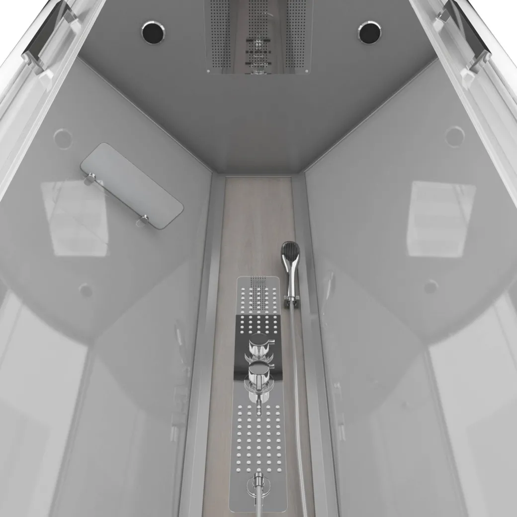 Technische Eigenschappen:85X185X215Cmbenodigde Hoogte Voor Installatie 230Cmmetaalgrijs Gelakte Aluminium Structuuromkeerbare Schuifdeur In 6 Mm Van Gehard Glasachterwand Van Grijs Gehard Glas Van 5 Mmcomposiet Houten Kolom Met Roestvrijstalen Plaatvoorwanden En Zijkanten Met Gematteerde Bandenversterkt Grijs Acryl Dak En Douchebakmagnetische Sluitingsiliconenvrije Montagetoebehoren: Rvs Regendouchekopanti-Kalksteen Multi-Jet Roestvrijstalen Hydromassagepaneelanti-Kalksteen Handdouchepvc-Slang Met Metallic Effectglazen Plankenverchroomd Roestvrijstalen Handvatmechanische Mengkraan90 Mm Afvoer Met Hoog Debietcomposiet Houten Roostergeleverd Met Aansluitslangen|Brico Online