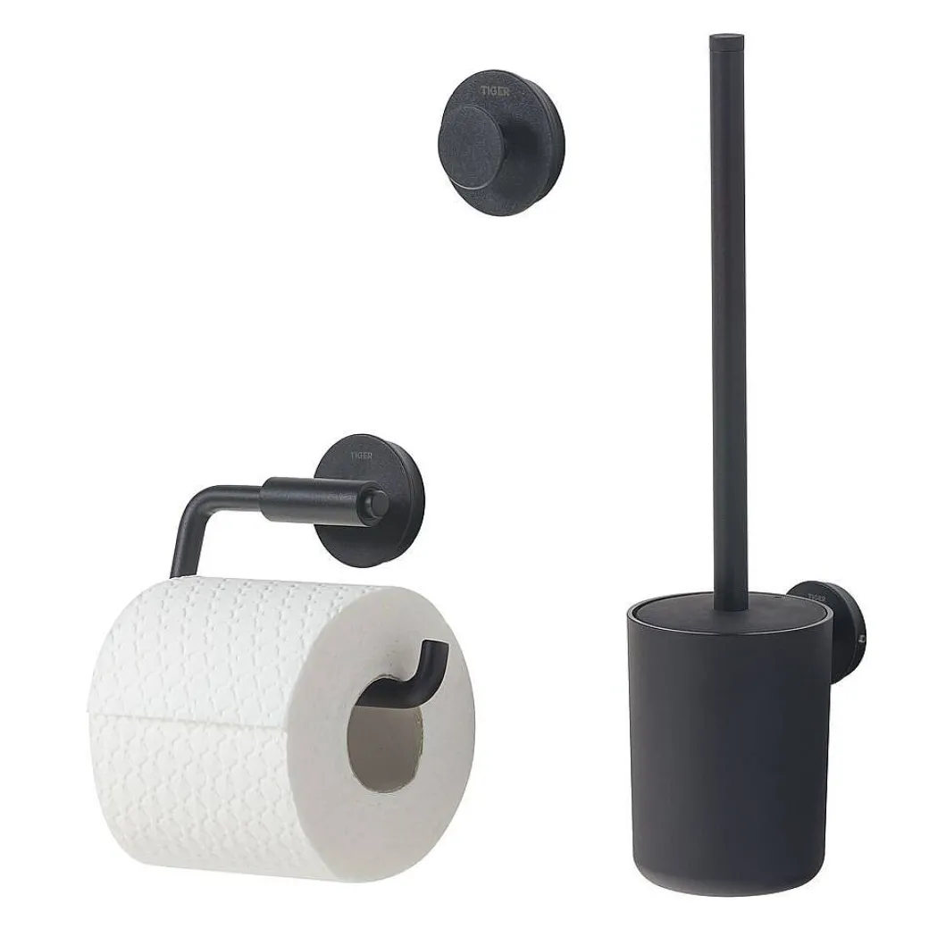 Tiger Toiletaccessoireset Urban Toiletborstel Met Houder + Toiletrolhouder Zonder Klep + Handdoekhaak Zwart|Brico Discount